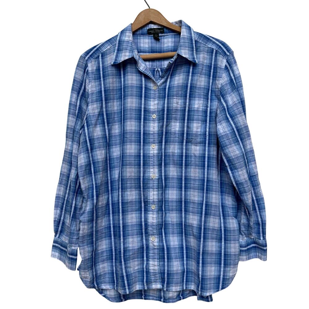 Lauren Ralph Lauren Blue Plaid Shirt L 100% Cotton